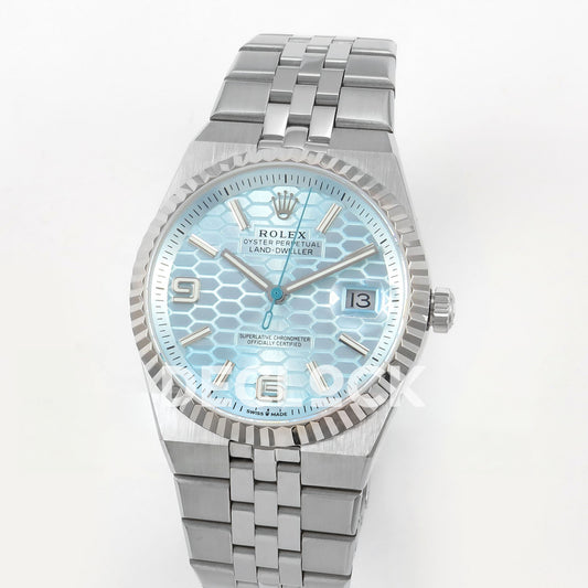 Rolex Land-Dweller 40mm 127336 Ice Blue Dial Steel Clean replica - angled view