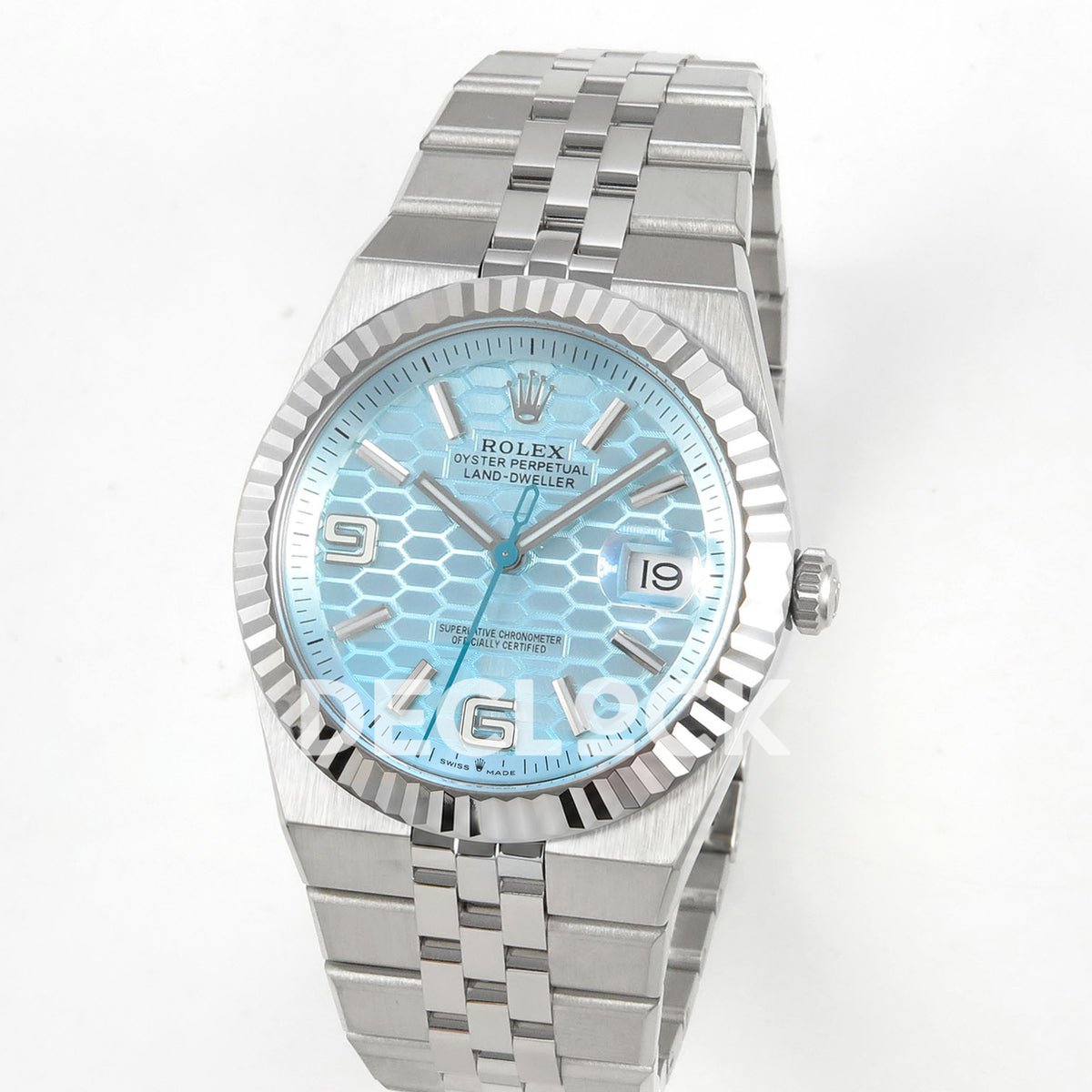 Rolex Land-Dweller 40mm 127336 Ice Blue Dial Steel Clean Plus replica - angled view