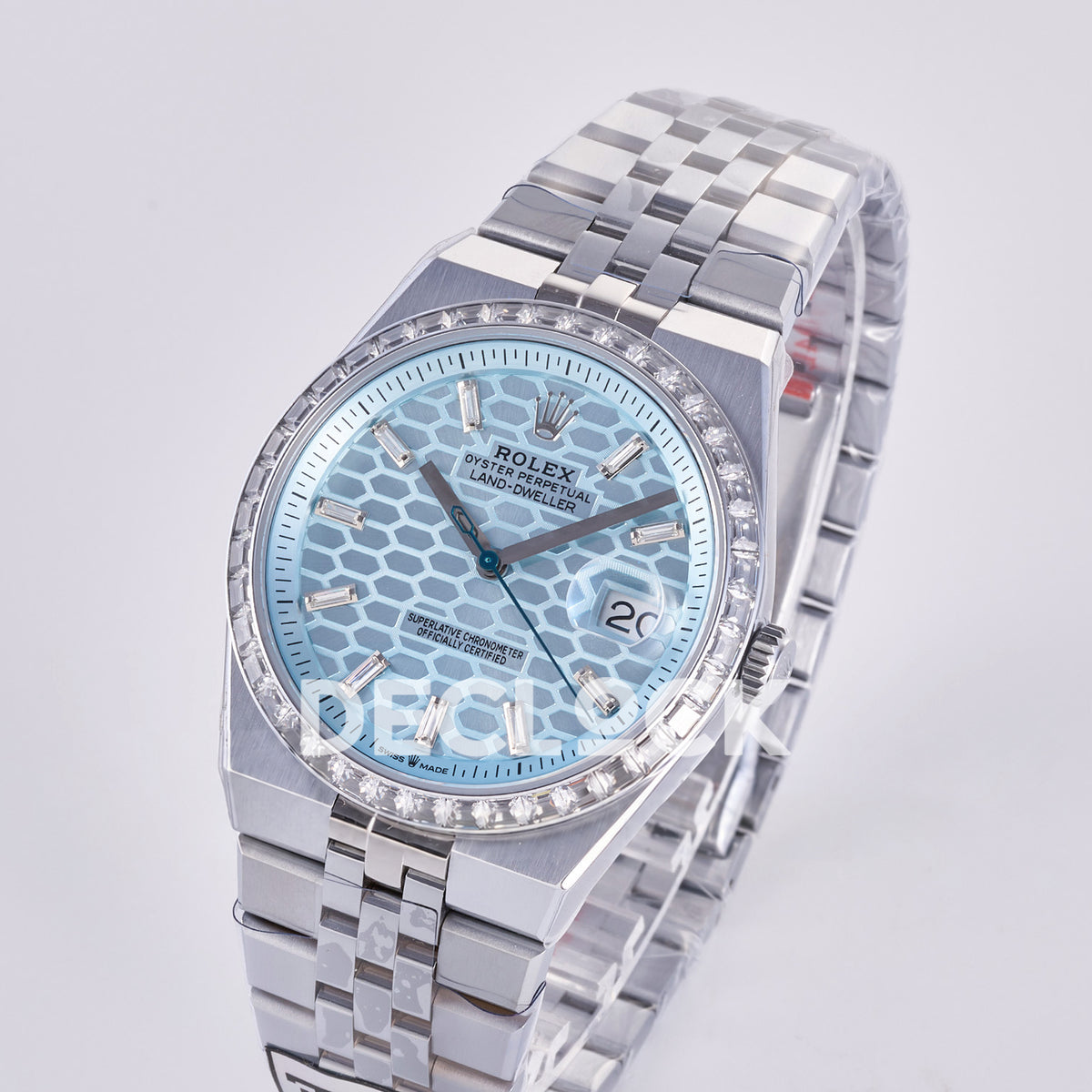 Rolex Land-Dweller 40mm 127336 Ice Blue Dial Steel Gem-Set 3BF replica - angled view