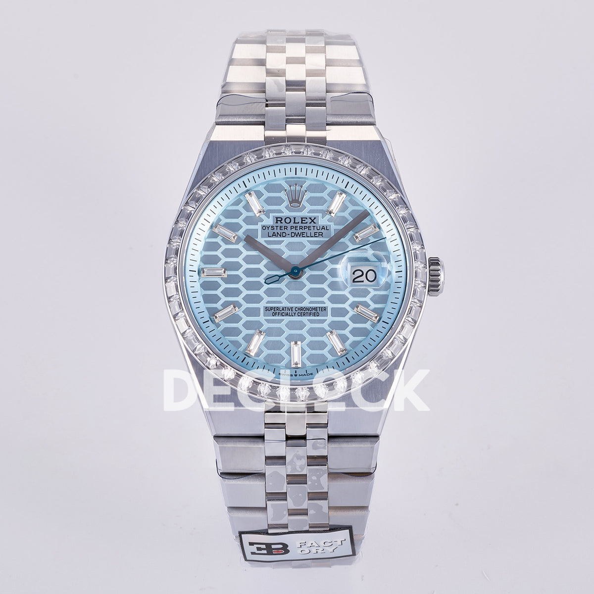 Rolex Land-Dweller 40mm 127336 Ice Blue Dial Steel Gem-Set 3BF replica - front view