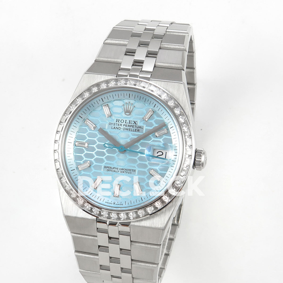 Rolex Land-Dweller 40mm 127336 Ice Blue Dial Steel Gem-Set Clean replica - angled view