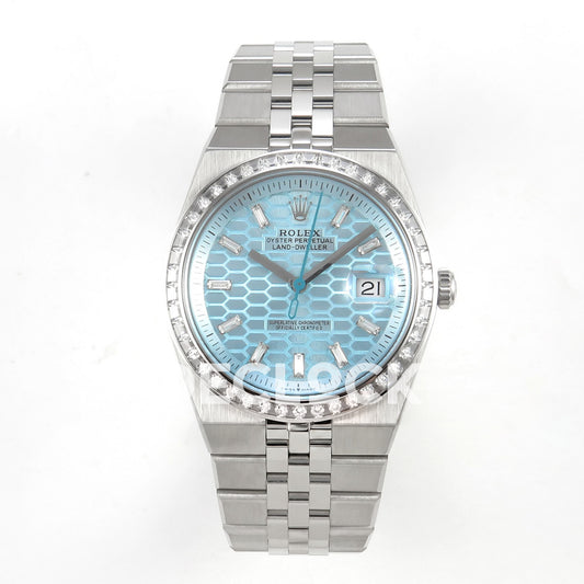 Rolex Land-Dweller 40mm 127336 Ice Blue Dial Steel Gem-Set Clean replica - front view