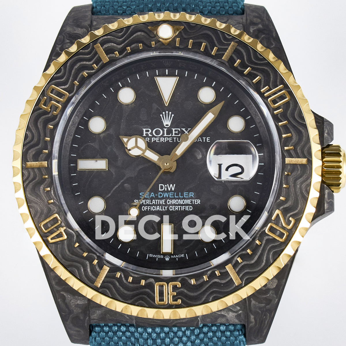 Rolex Sea-Dweller Custom Carbon Black Blue Strap DIWF A2824 replica - dial close up
