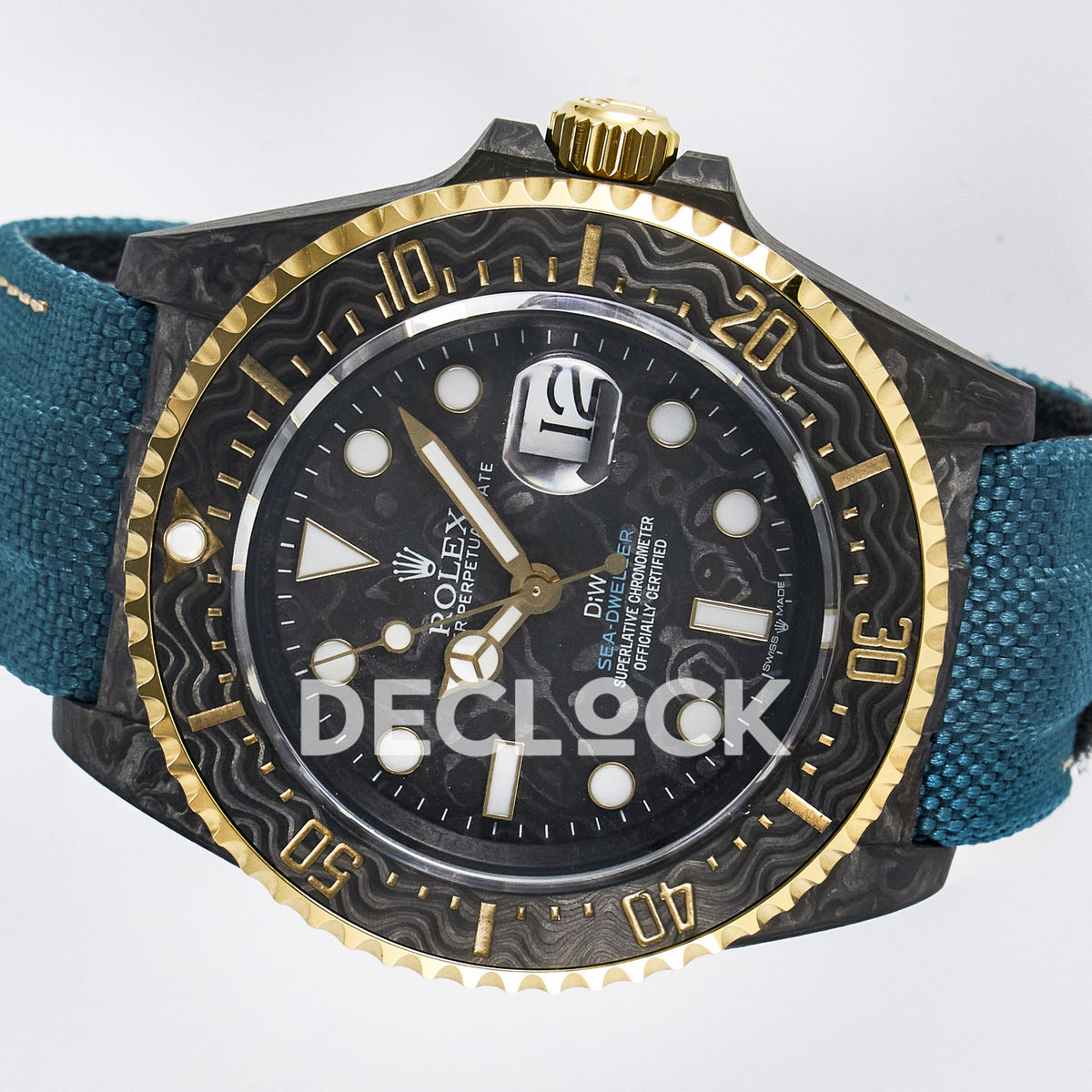 Rolex Sea-Dweller Custom Carbon Black Blue Strap DIWF A2824 replica - rotated dial
