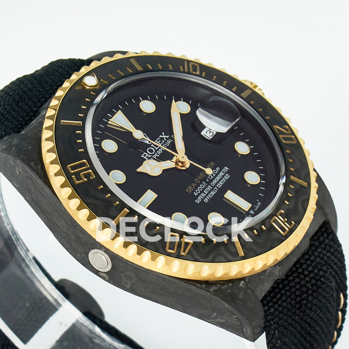 Rolex Sea-Dweller Custom Carbon Black Gold DIWF A2824 replica - angled right