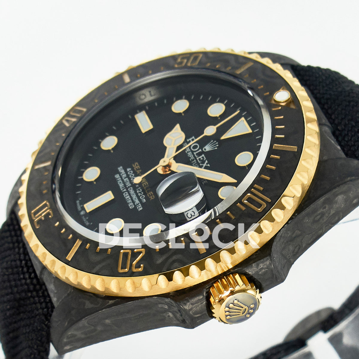 Rolex Sea-Dweller Custom Carbon Black Gold DIWF A2824 replica - crown side front