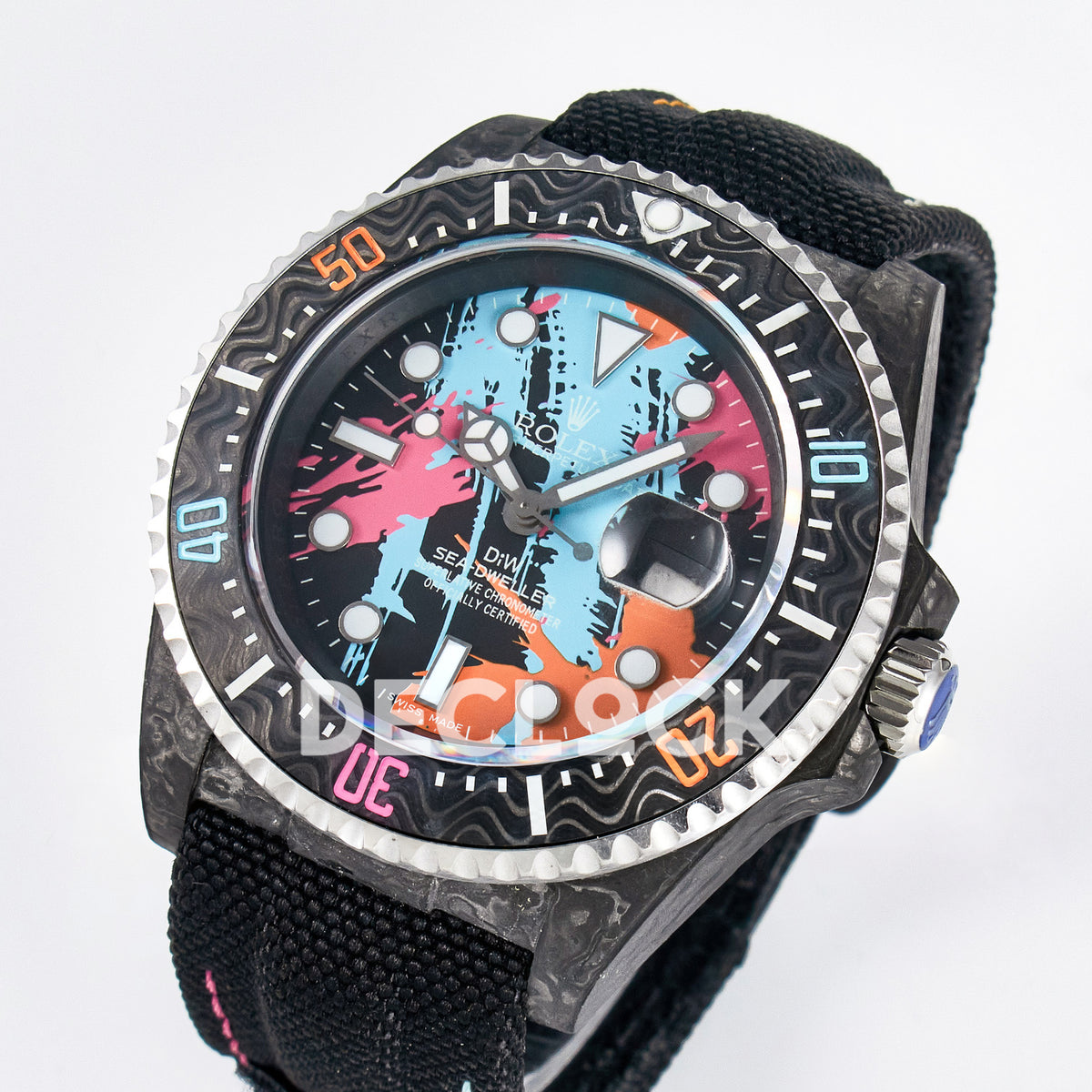 Rolex Sea-Dweller Custom Carbon Graffiti DIWF A2824 replica - angled front