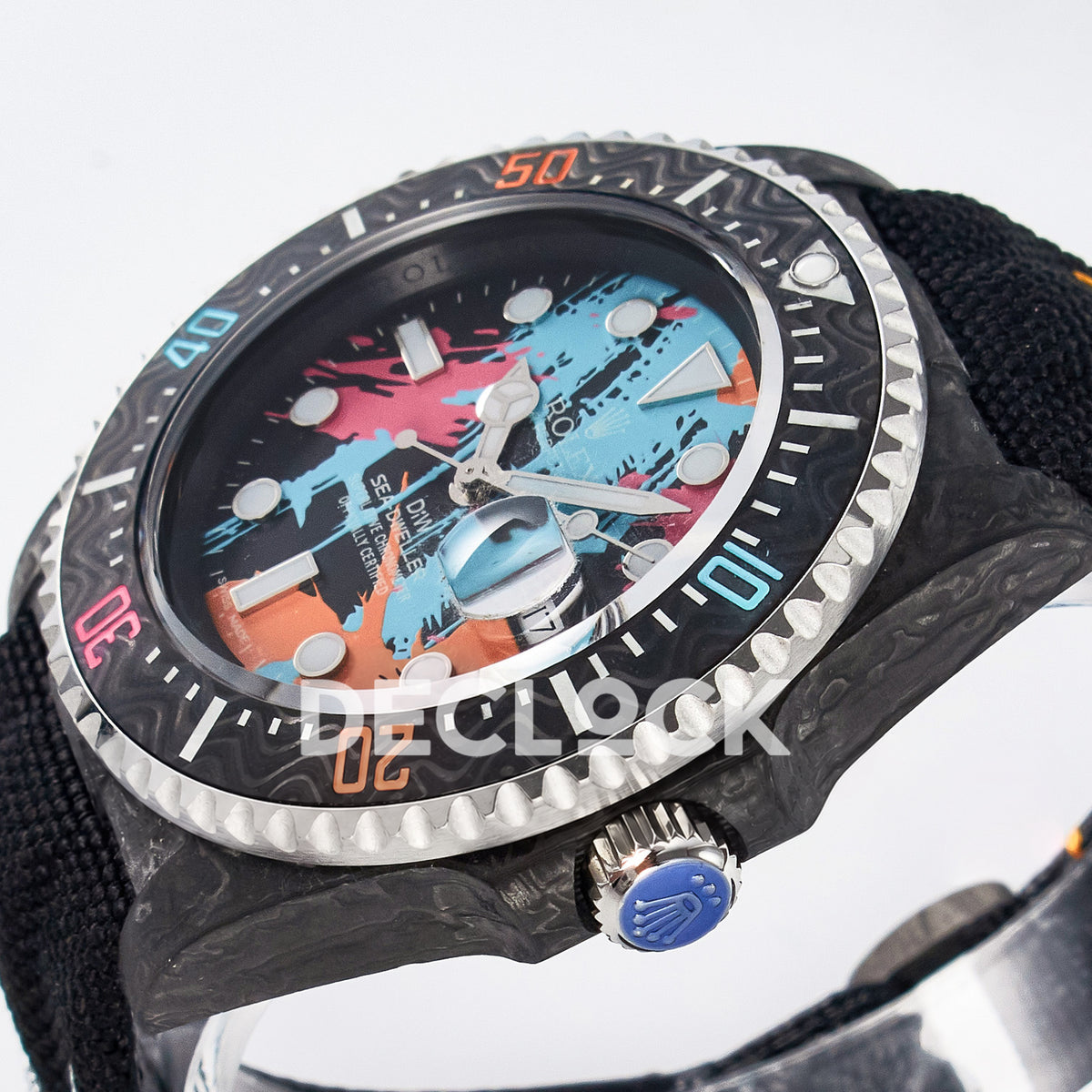 Rolex Sea-Dweller Custom Carbon Graffiti DIWF A2824 replica - crown side front