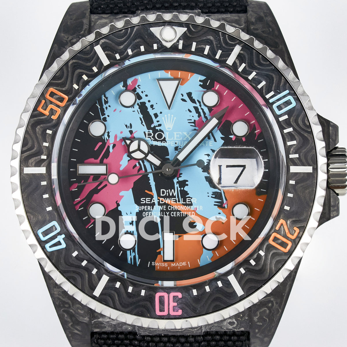 Rolex Sea-Dweller Custom Carbon Graffiti DIWF A2824 replica - dial close up