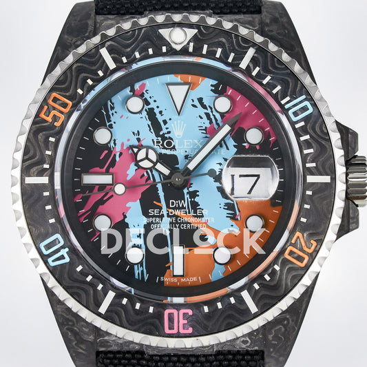 Rolex Sea-Dweller Custom Carbon Graffiti DIWF A2824 replica - dial close up