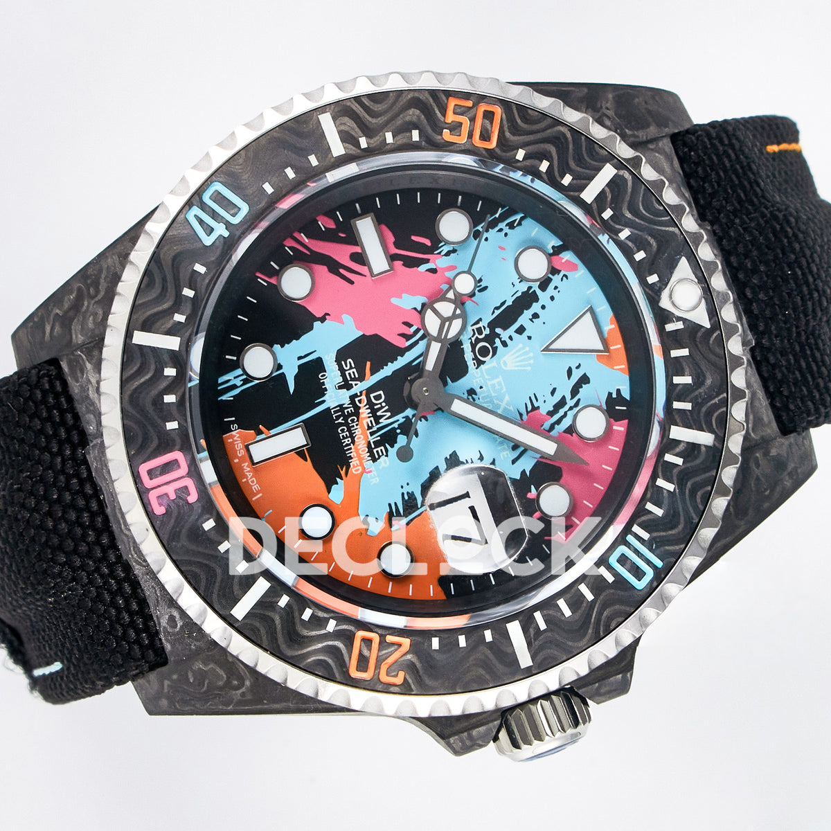 Rolex Sea-Dweller Custom Carbon Graffiti DIWF A2824 replica - rotated front