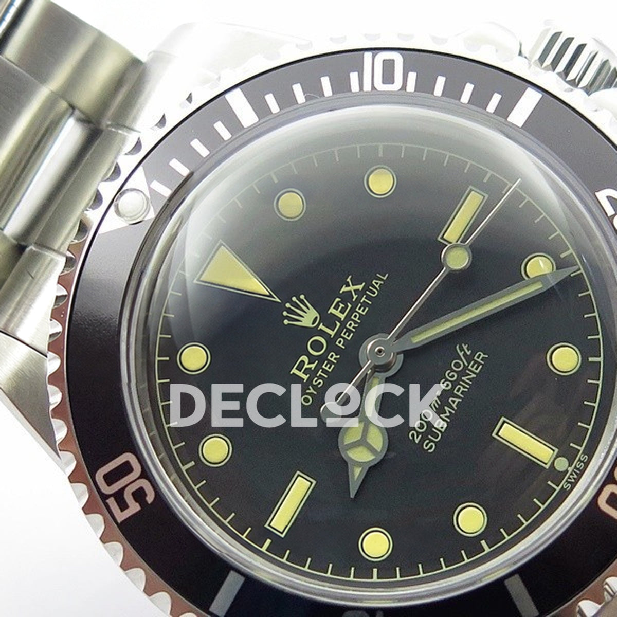 Rolex Submariner 5513 Vintage Style 3 B12 A2836 replica - original aged luminous indexes, hands, physical dial inscriptions and black bezel detail