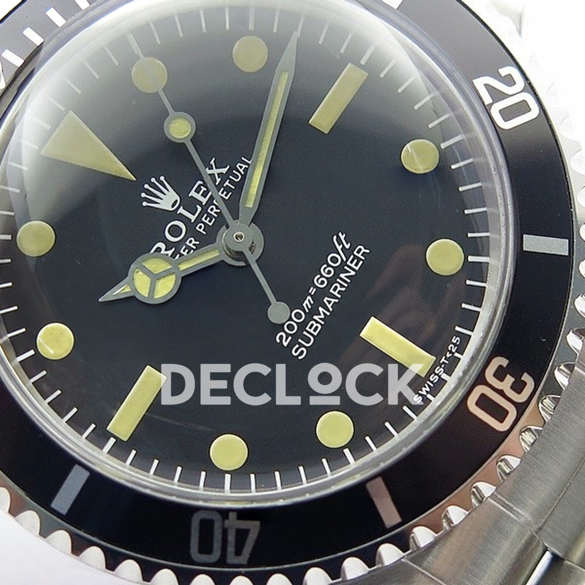 Rolex Submariner 5513 Vintage Style 5 B12 A2836 replica - original aged luminous indexes, hands, physical dial inscriptions and black bezel detail