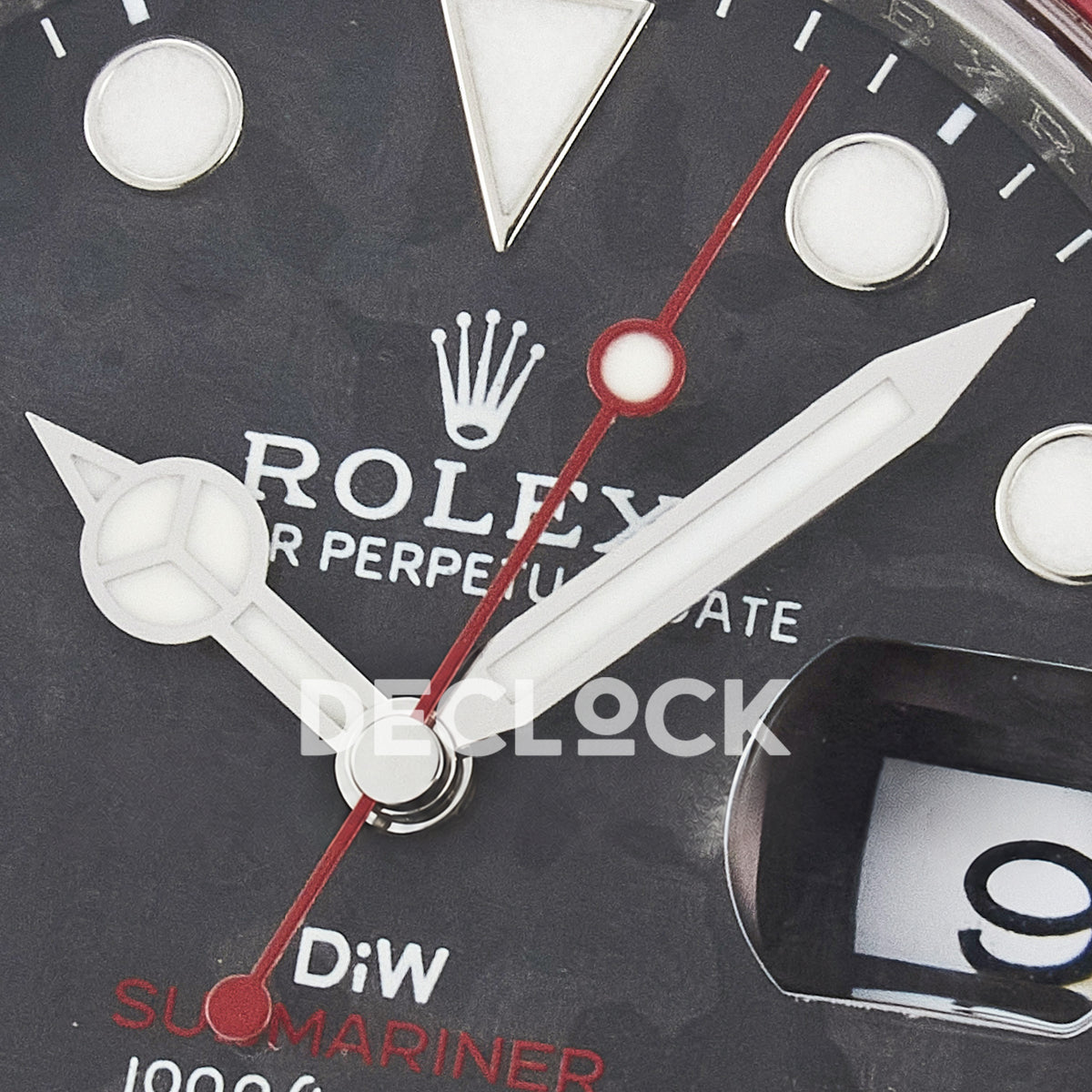 Rolex Submariner Custom DIW Black Carbon Red Bezel VSF VS3135 replica - hands close up