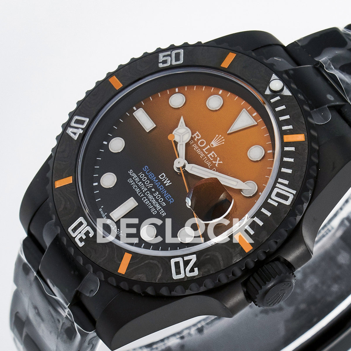 Rolex Submariner Custom DIW Black Orange DLC VSF VS3135 replica - crown side front