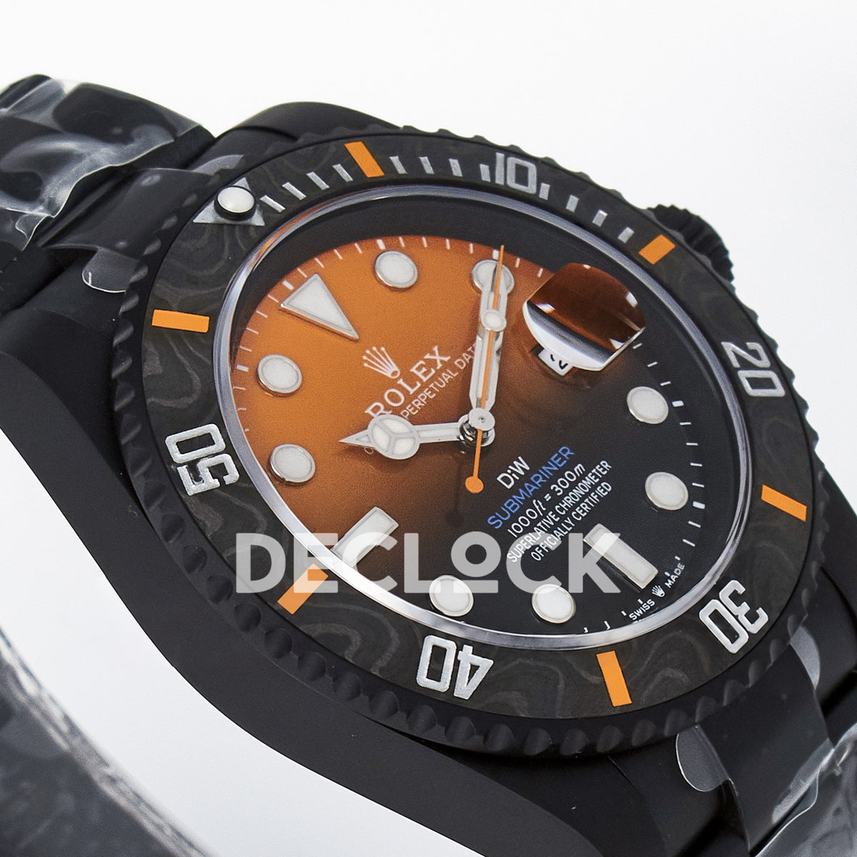 Rolex Submariner Custom DIW Black Orange DLC VSF VS3135 replica - opposite angled front