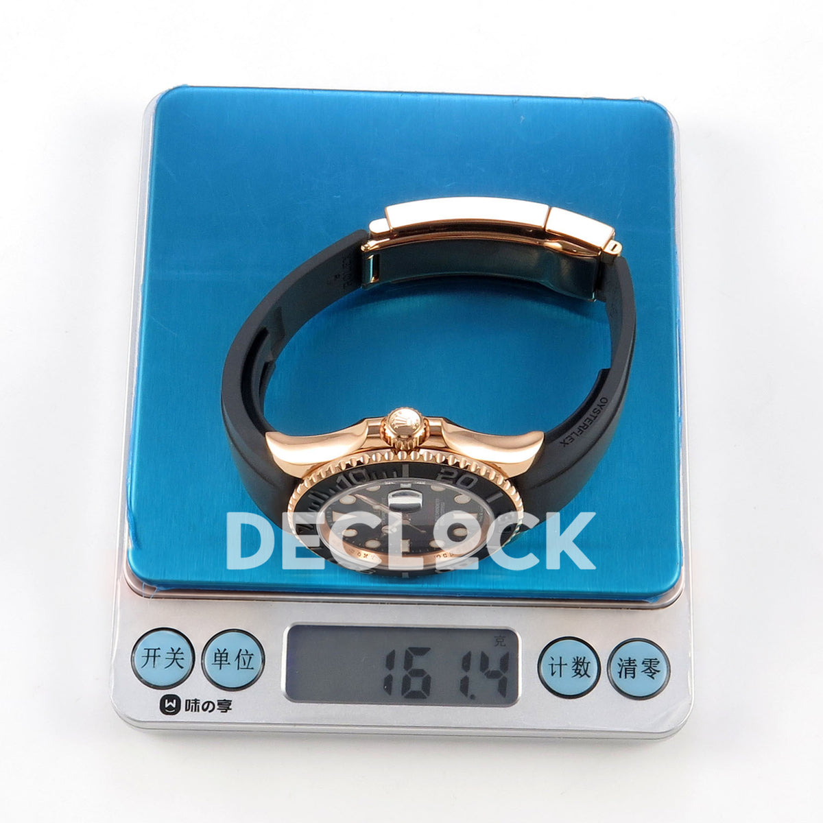 Rolex Yacht-Master 126655 WF replica, watch on a digital scale showing 161.4 grams