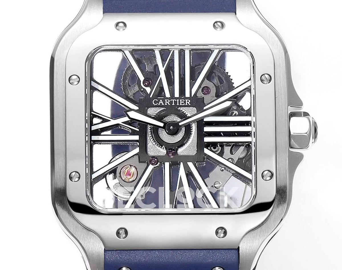 Replica Cartier Santos de Cartier Skeleton SS Blue Strap |  Declock.