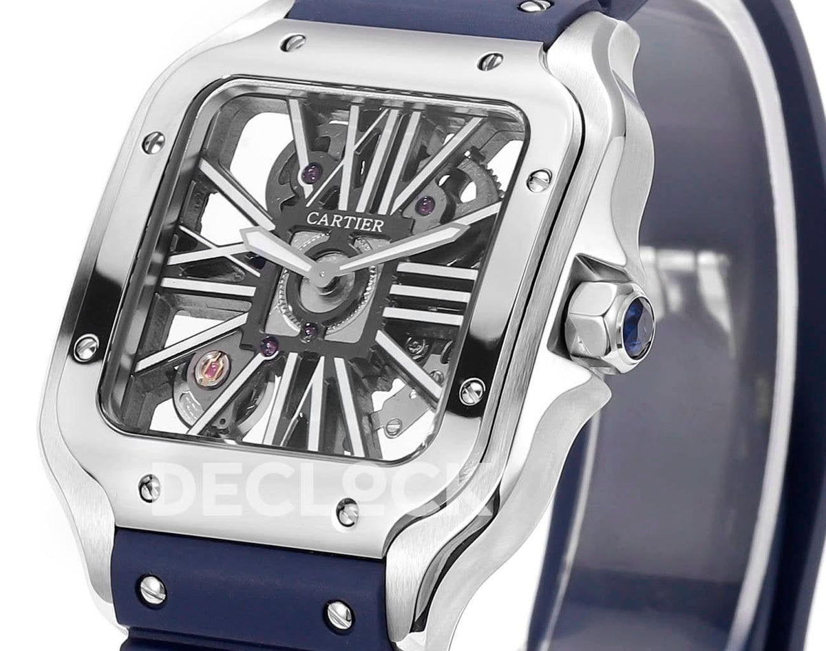 Replica Cartier Santos de Cartier Skeleton SS Blue Strap |  Declock.