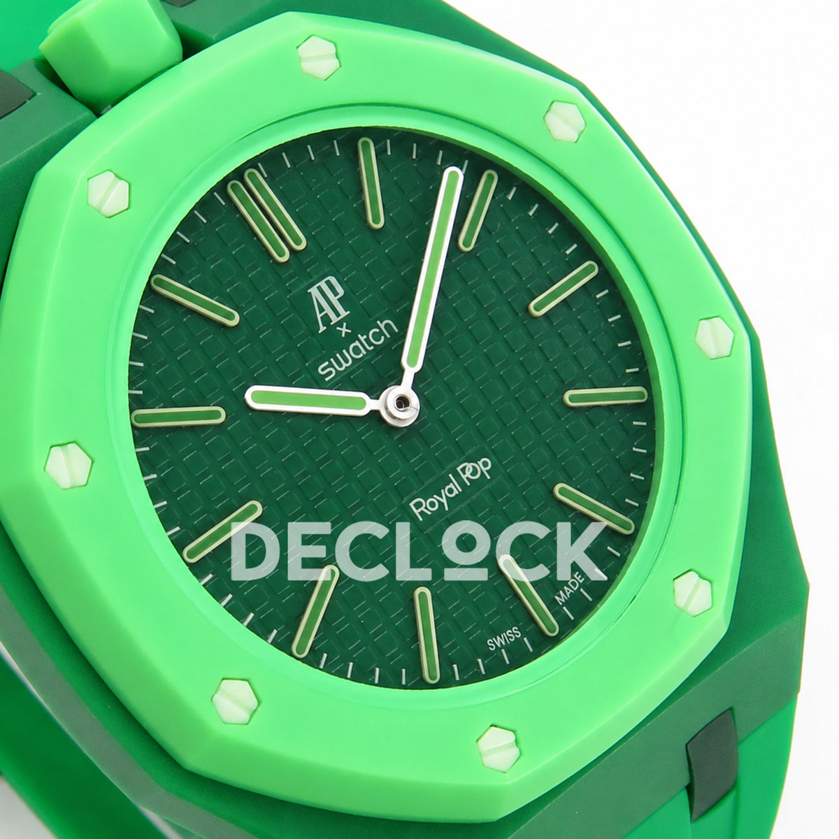 Swatch × Audemars Piguet Royal Pop Green Eight Replica — angled dial close-up