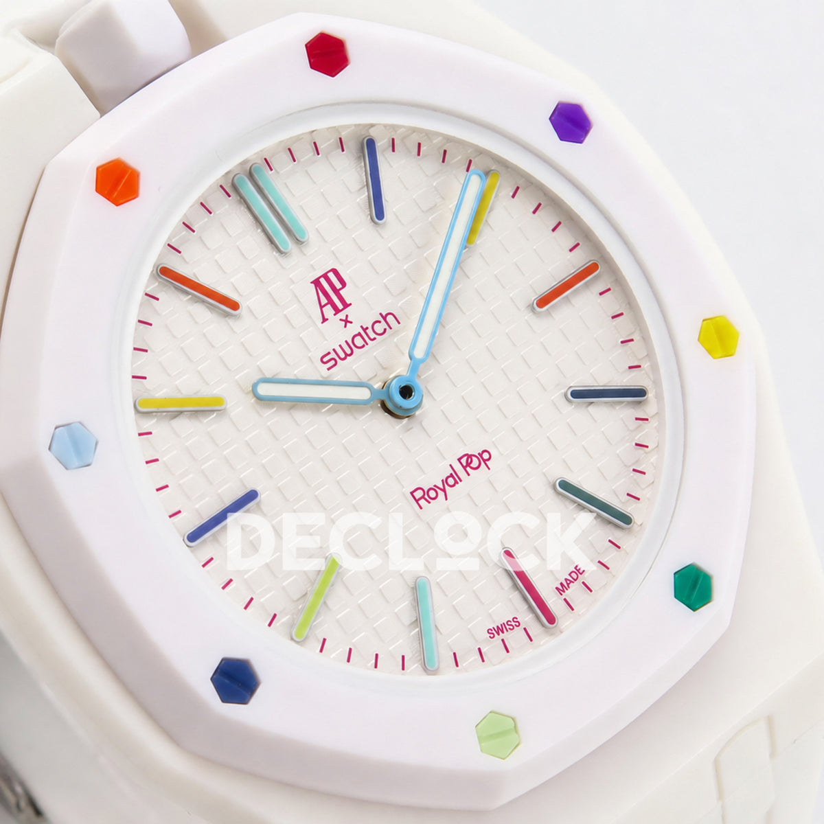 Swatch × Audemars Piguet Royal Pop Huit Blanc Replica — angled dial close-up