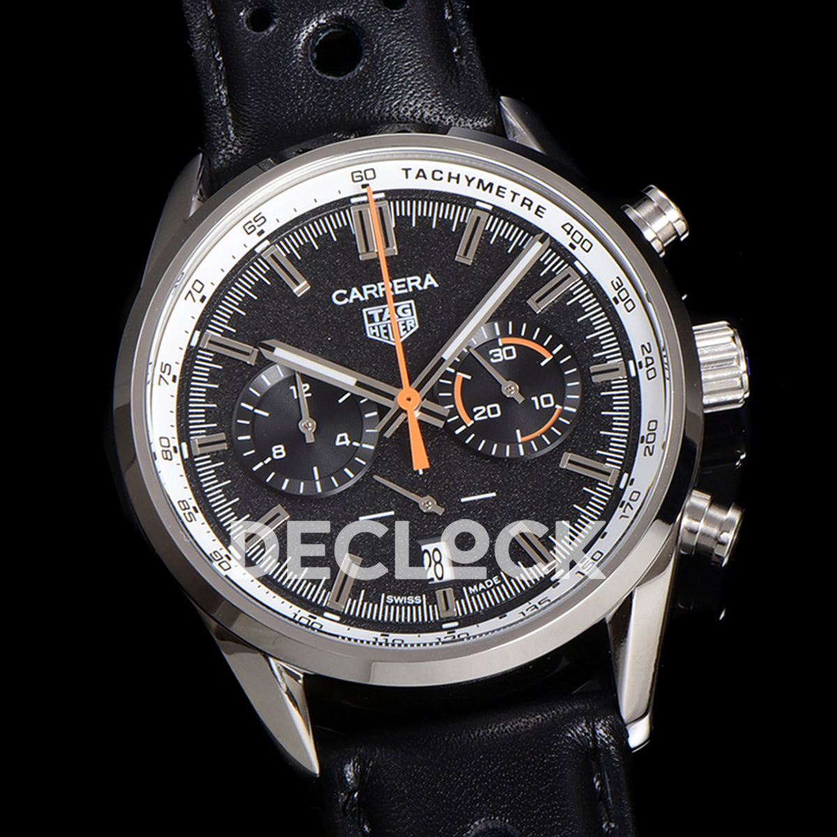 TAG Heuer Carrera Chronograph Black Tachymeter 43mm Leather Strap VK63A Quartz