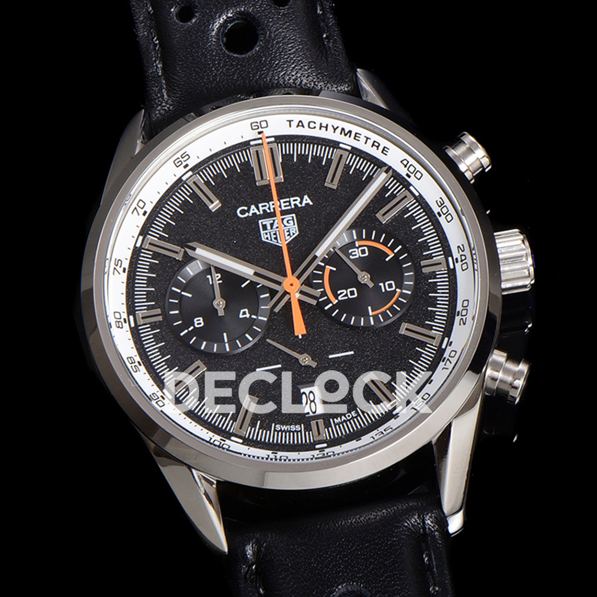TAG Heuer Carrera Chronograph Black Tachymeter 43mm Leather Strap VK63A Quartz