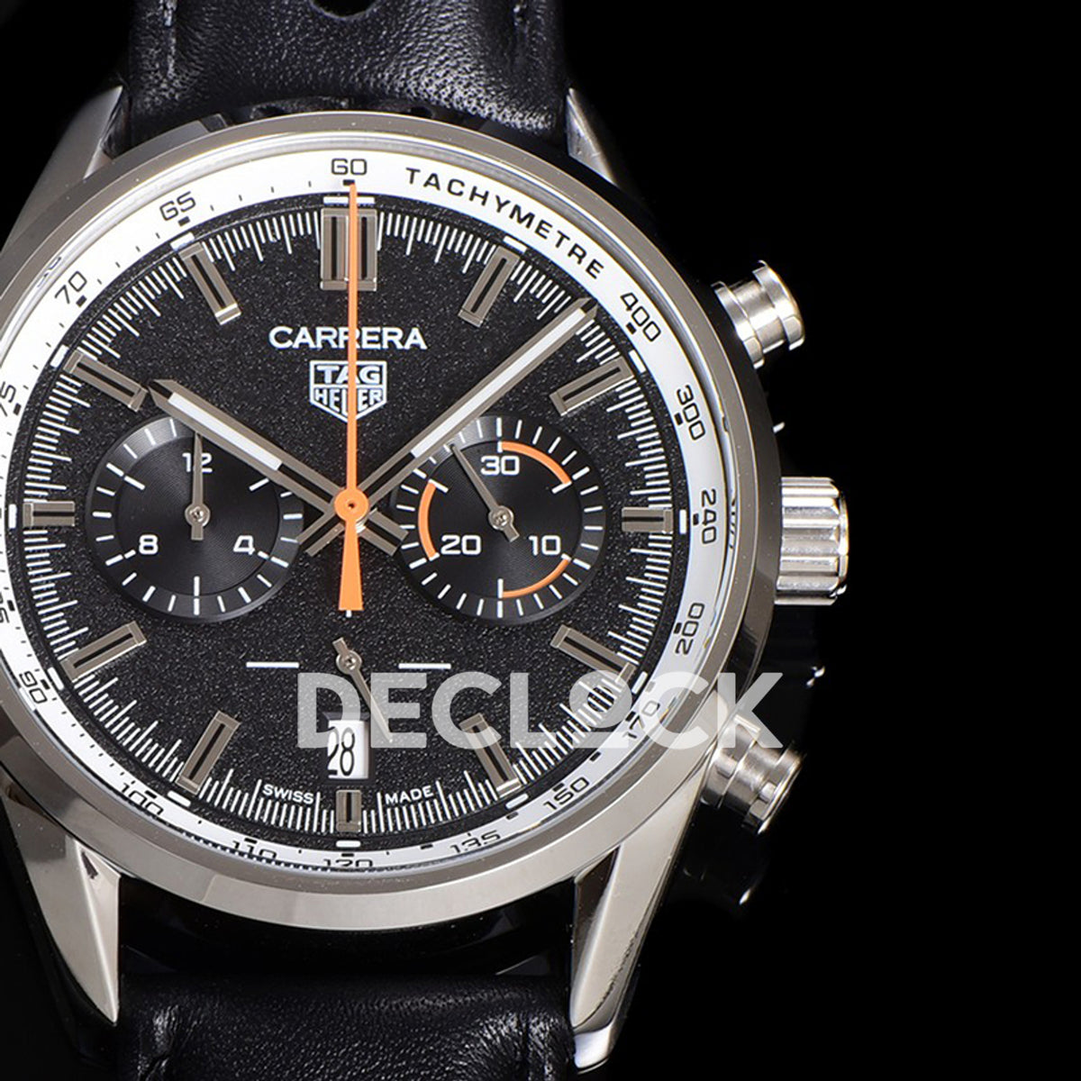 TAG Heuer Carrera Chronograph Black Tachymeter 43mm Leather Strap VK63A Quartz