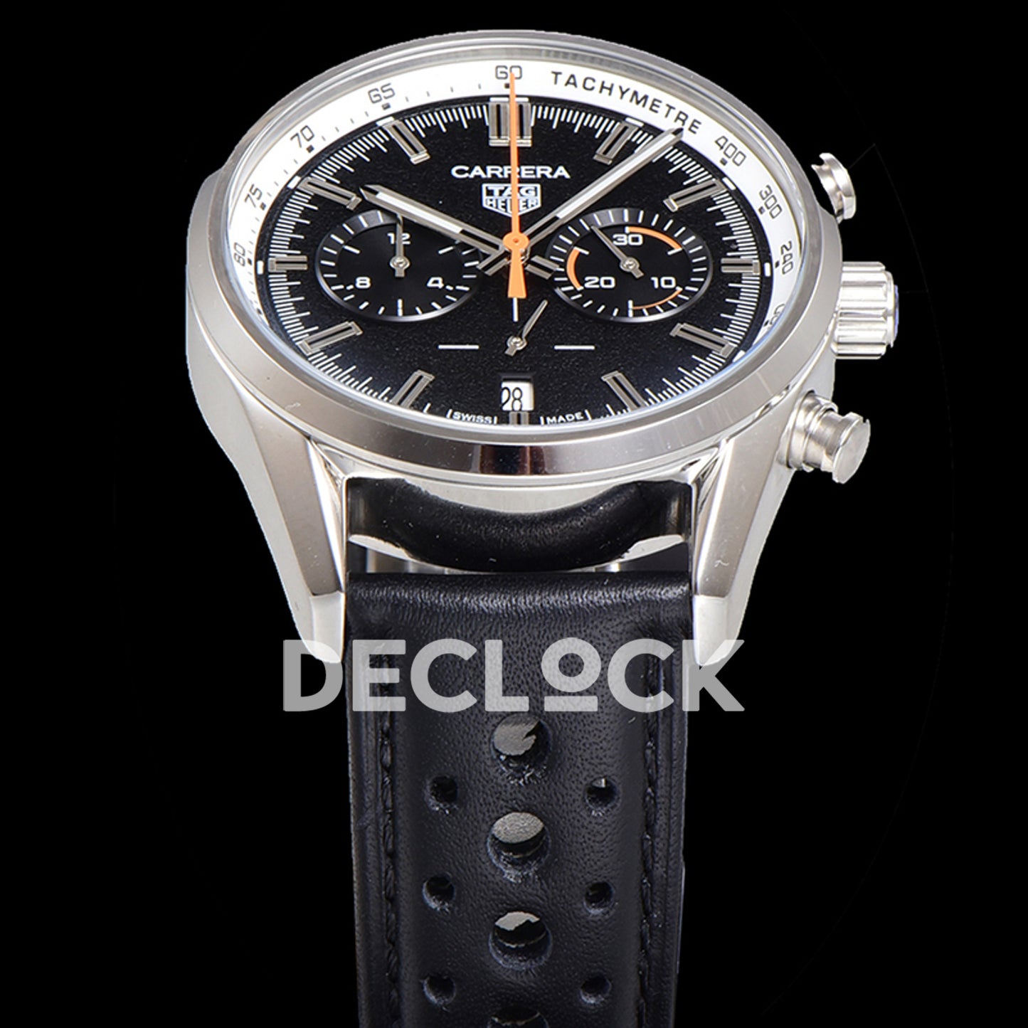 TAG Heuer Carrera Chronograph Black Tachymeter 43mm Leather Strap VK63A Quartz