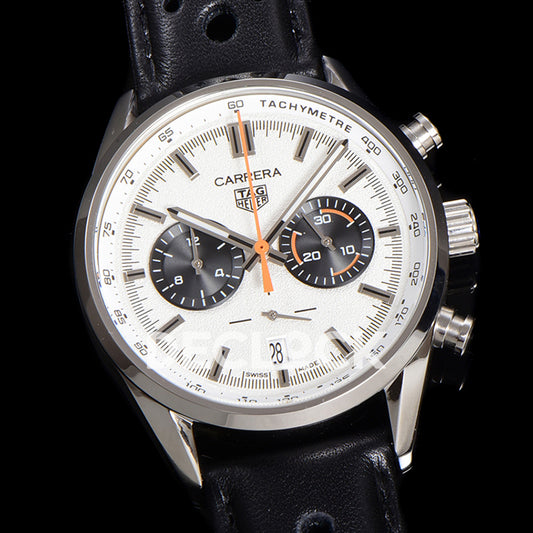 TAG Heuer Carrera Chronograph White Dial 43mm Leather Strap VK63A Quartz