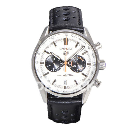 TAG Heuer Carrera Chronograph White Dial 43mm Leather Strap VK63A Quartz