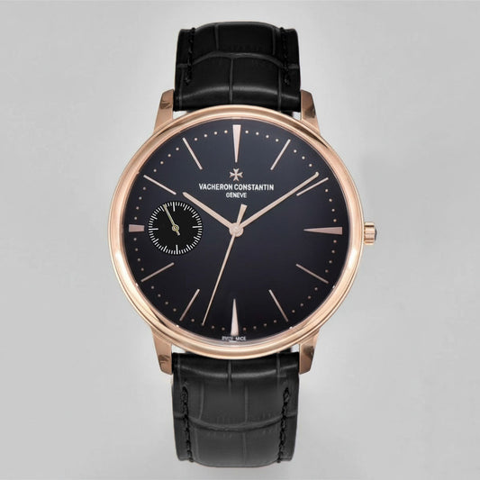 Vacheron Constantin Patrimony Date Rose Gold Black Dial on Brown Leather Strap Replica Watch